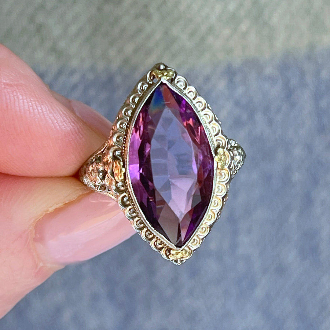 Antique 18K Gold Filigree Marquise Amethyst Ring