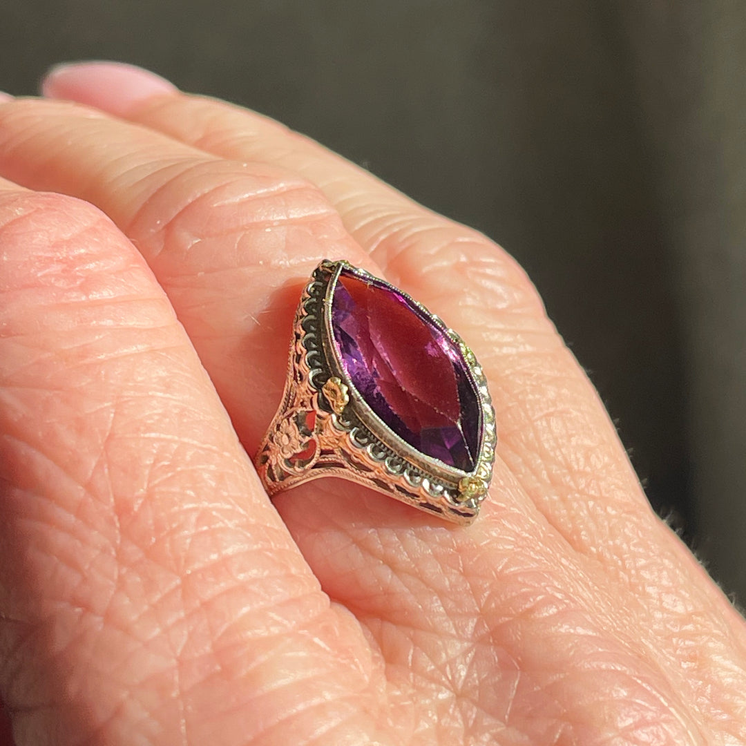 Antique 18K Gold Filigree Marquise Amethyst Ring