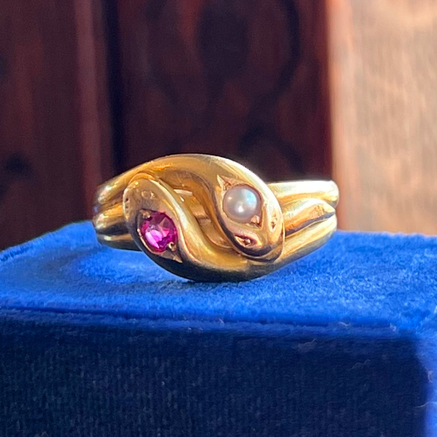 Antique Victorian Ruby Pearl Double Snake Gold Ring, c.1890 Size 7