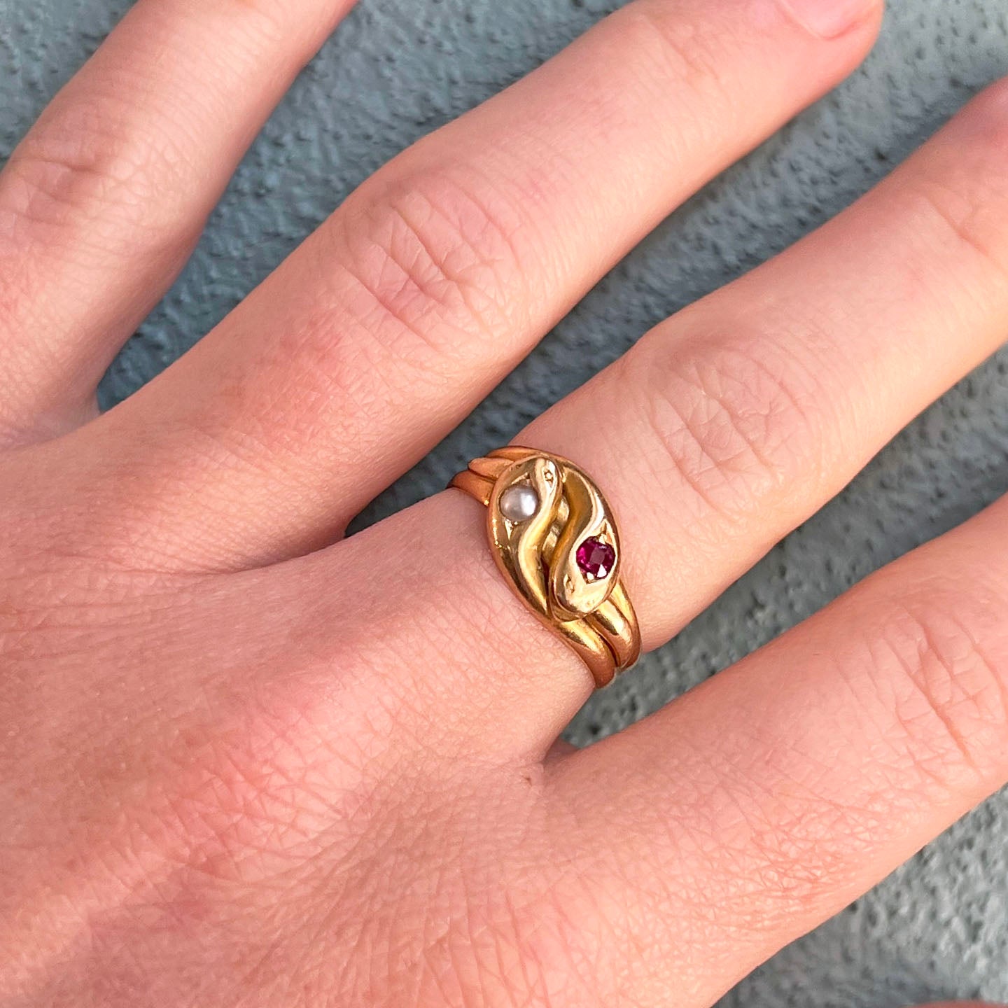 Antique Victorian Ruby Pearl Double Snake Gold Ring, c.1890 Size 7