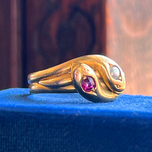 Antique Victorian Ruby Pearl Double Snake Gold Ring, c.1890 Size 7