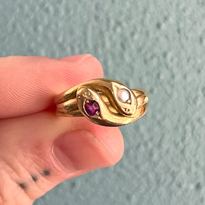 Antique Victorian Ruby Pearl Double Snake Gold Ring, c.1890 Size 7