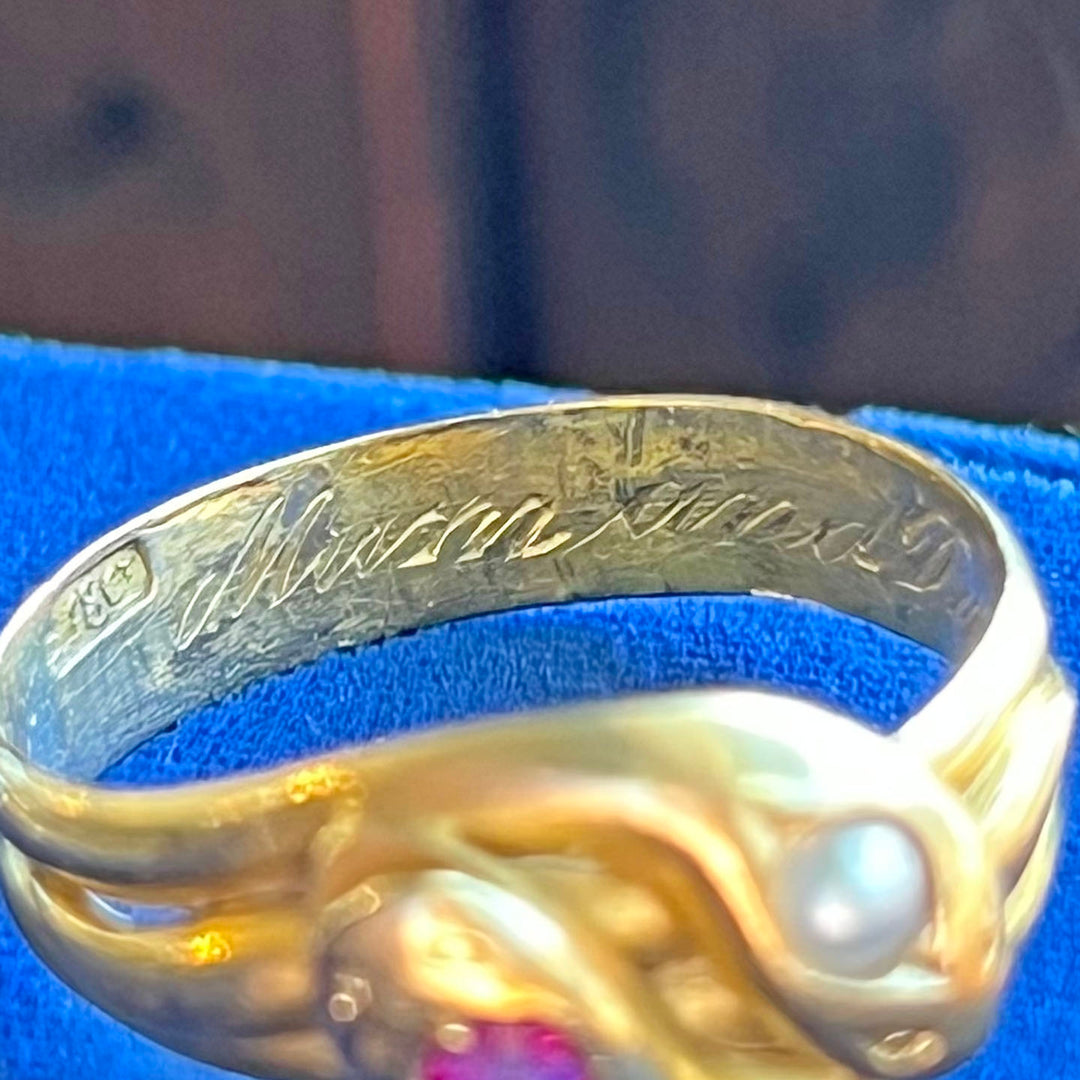 Antique Victorian Ruby Pearl Double Snake Gold Ring, c.1890 Size 7