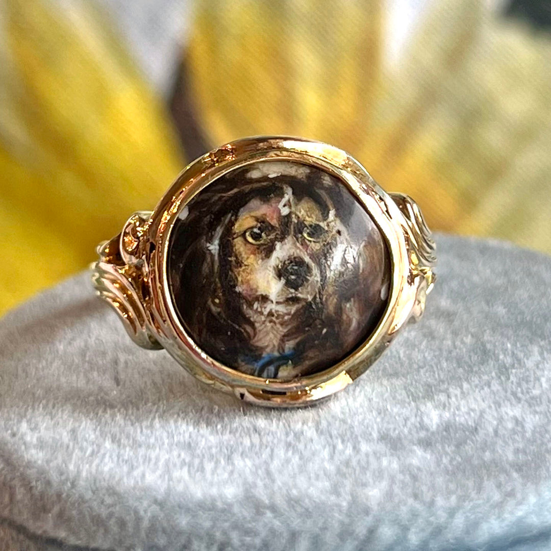Antique Victorian Enamel Dog Gold Ring, Signed W. Essex, c. 1860s