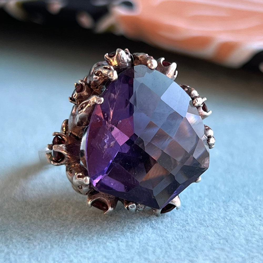 Vintage Silver Amethyst Garnet Marcasite Canine Claw Ring