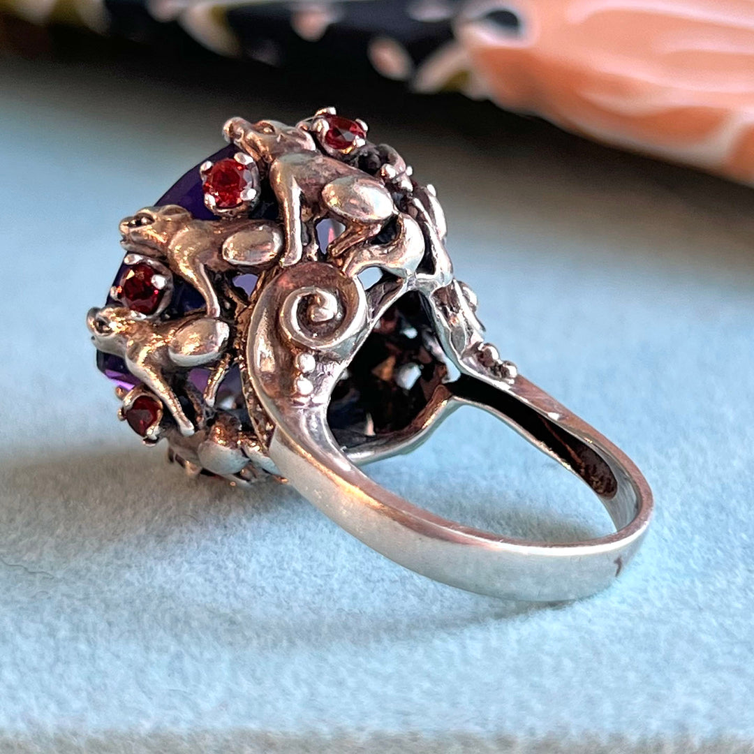 Vintage Silver Amethyst Garnet Marcasite Canine Claw Ring