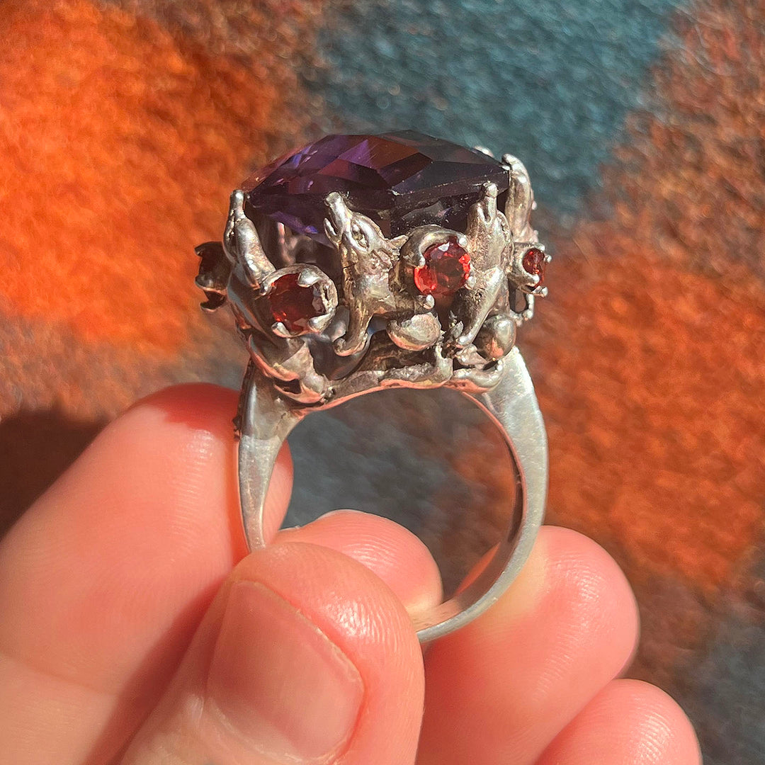 Vintage Silver Amethyst Garnet Marcasite Canine Claw Ring
