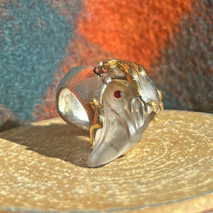 Vintage Designer Silver Gold Rock Crystal and Garnet Birds Head Ring