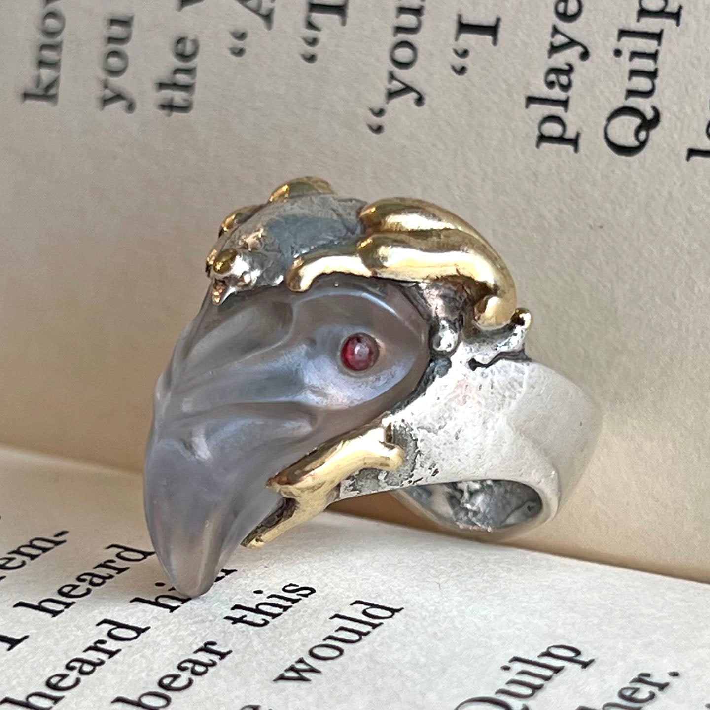 Vintage Designer Silver Gold Rock Crystal and Garnet Birds Head Ring