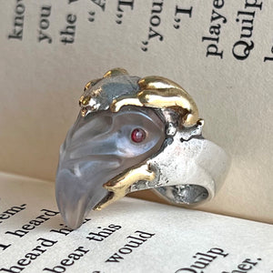 Vintage Designer Silver Gold Rock Crystal and Garnet Birds Head Ring