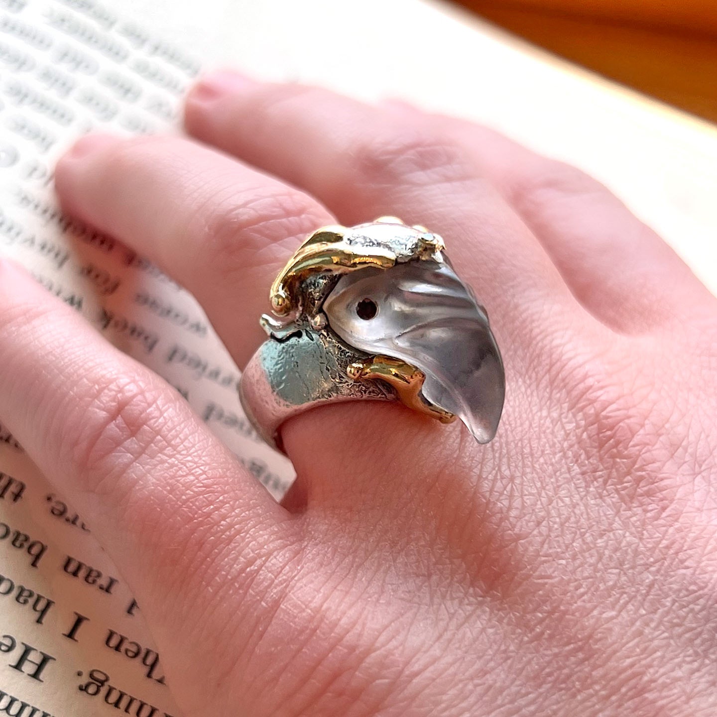 Vintage Designer Silver Gold Rock Crystal and Garnet Birds Head Ring