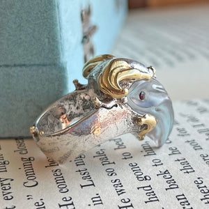 Vintage Designer Silver Gold Rock Crystal and Garnet Birds Head Ring