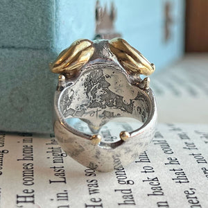 Vintage Designer Silver Gold Rock Crystal and Garnet Birds Head Ring