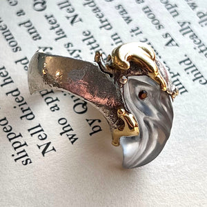 Vintage Designer Silver Gold Rock Crystal and Garnet Birds Head Ring