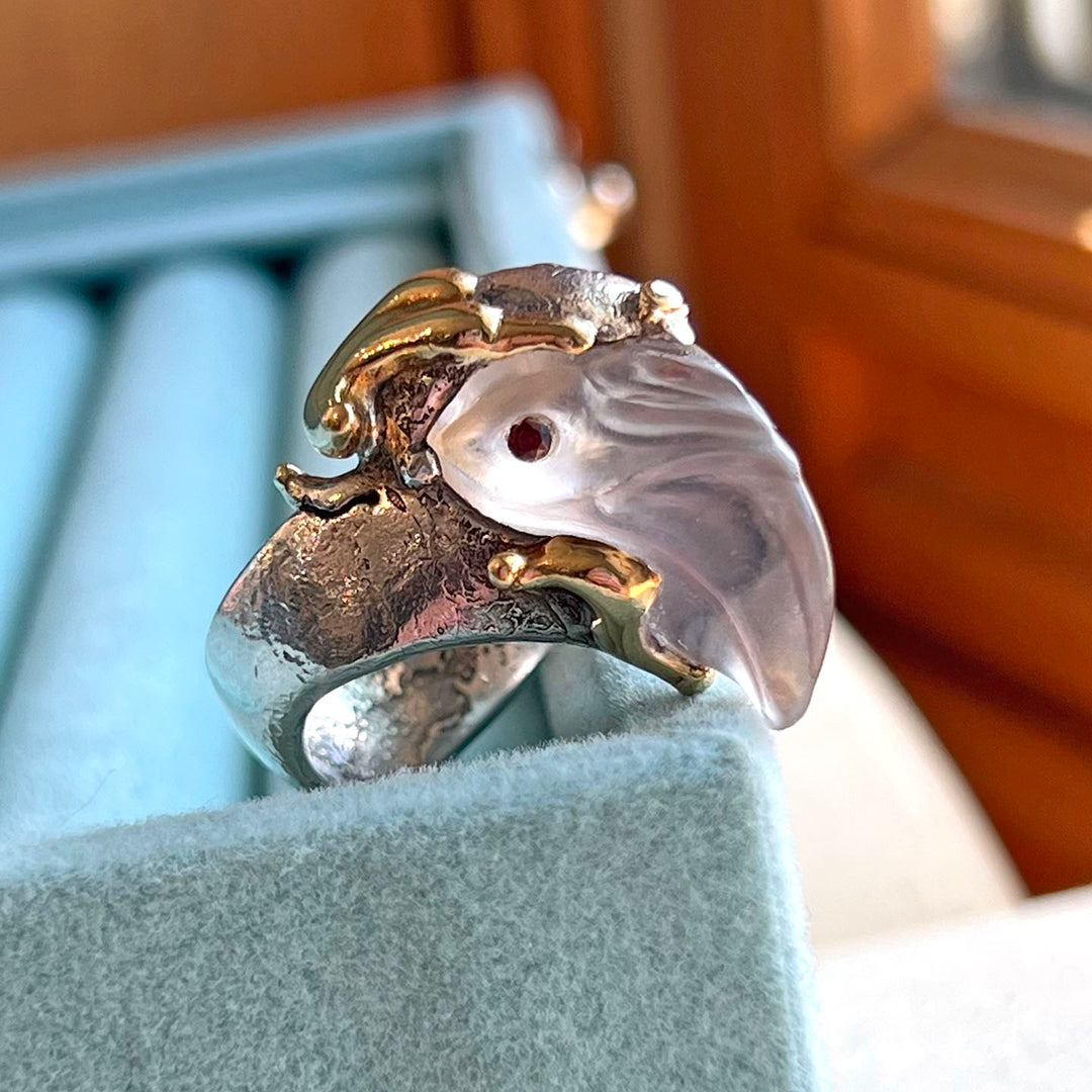 Vintage Designer Silver Gold Rock Crystal and Garnet Birds Head Ring