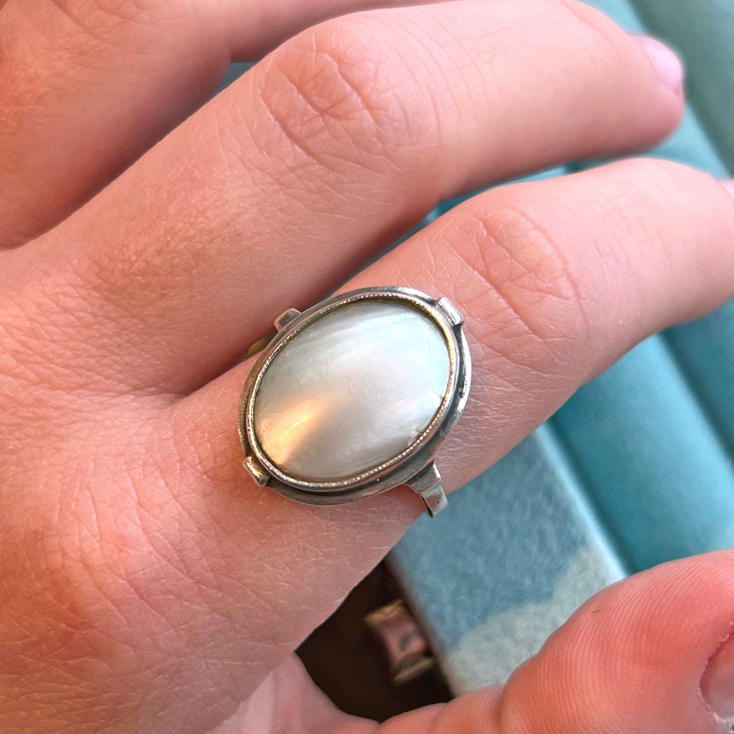 Antique Arts and Crafts Ring Silver Mother of Pearl c. 1910