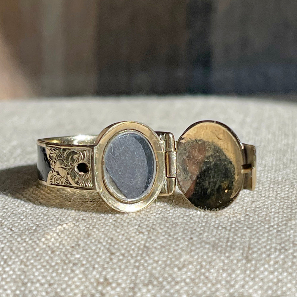 Antique Victorian 9K Gold and Black Enamel Buckle Locket Ring, Dated 1868