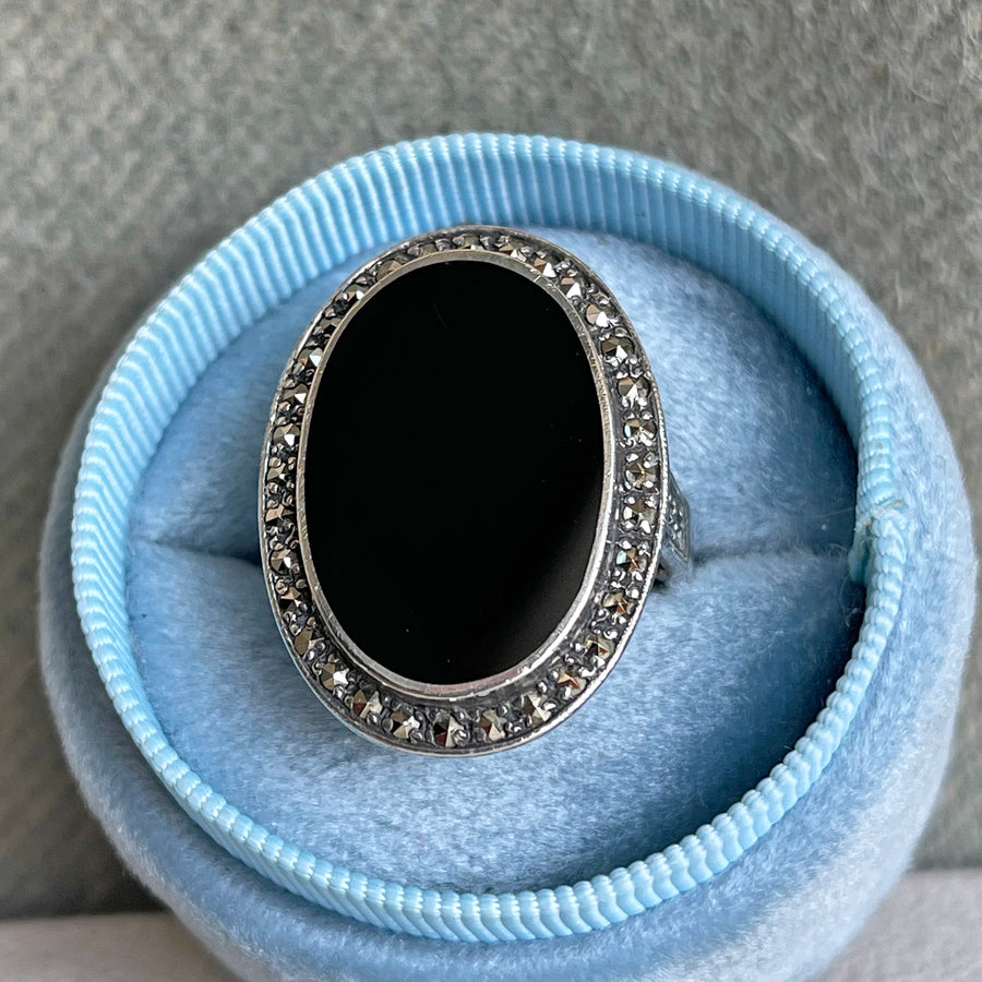 Antique Art Deco Onyx and Marcasite Cocktail Ring, c. 1920
