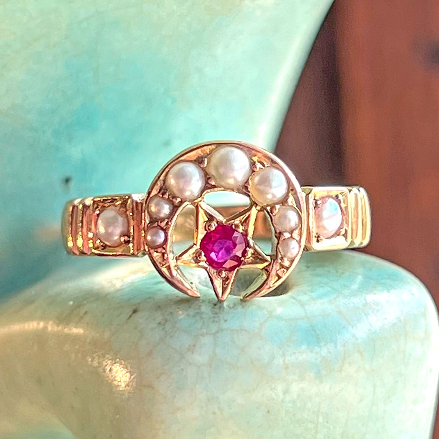 Antique Crescent Moon and Star Ring Pearls, Ruby Ring 1898 Birmingham 15k Gold