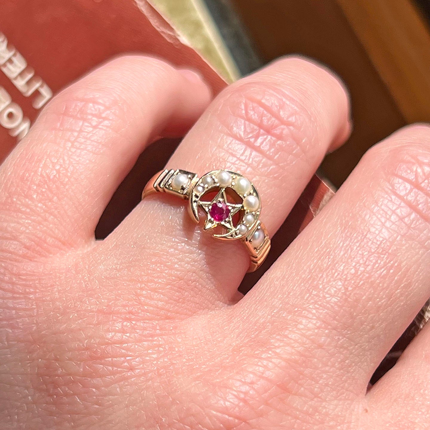Antique Crescent Moon and Star Ring Pearls, Ruby Ring 1898 Birmingham 15k Gold