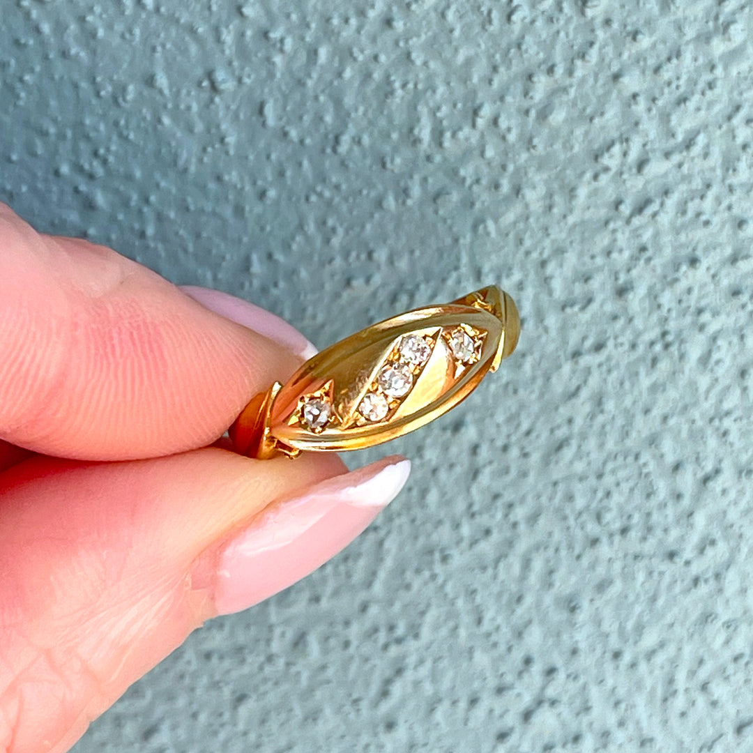 Antique Diamond Boat Ring 18k Gold 5-Stone