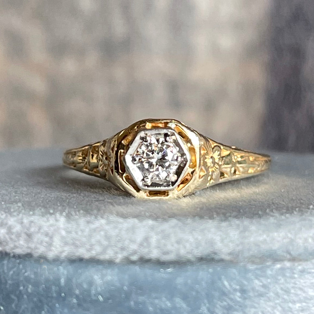 Art Deco 14k Filigree Diamond Solitaire Ring
