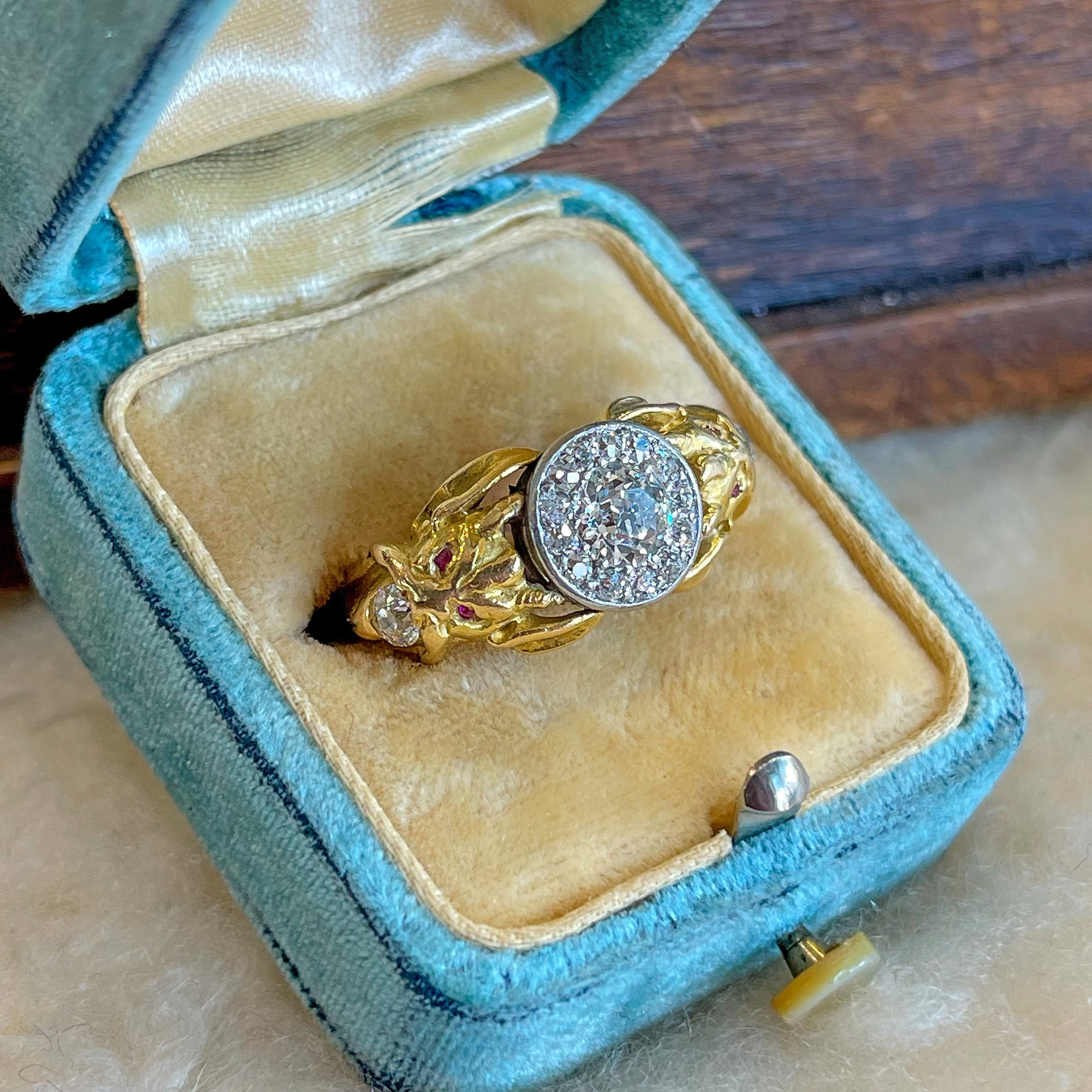 Antique Gold Diamond Cluster Demon Ring Ruby Eyes