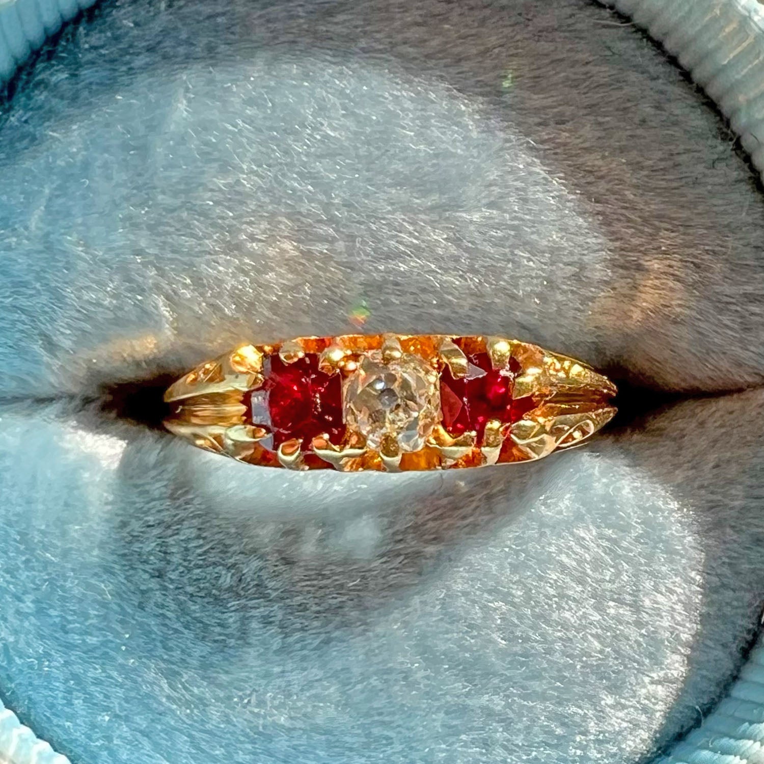 Antique 3-Stone Diamond Garnet Ring, 18k Gold, London 1875