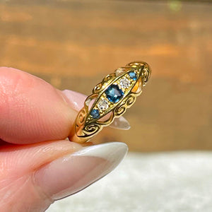 Victorian 5 Stone Sapphire Diamond Ring 18k Gold