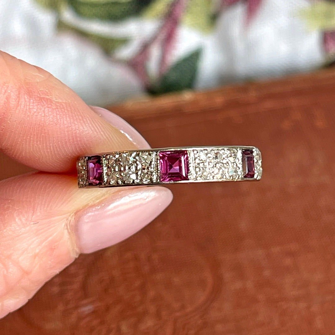 Art Deco Ruby and Diamond Band Ring Half Eternity 18k White Gold