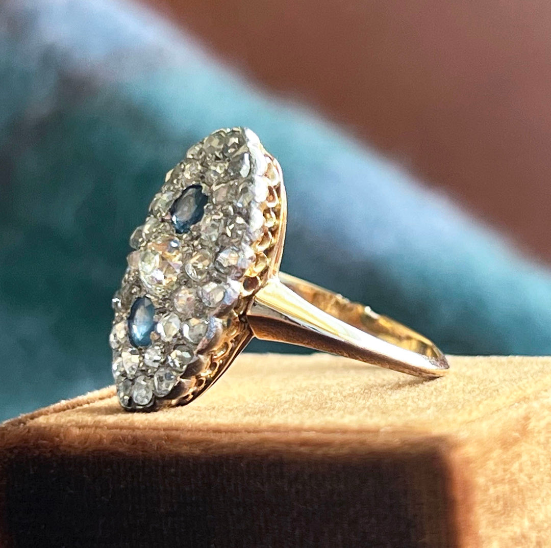 Antique French Sapphire & Diamond Ring 18k Gold Platinum c.1890
