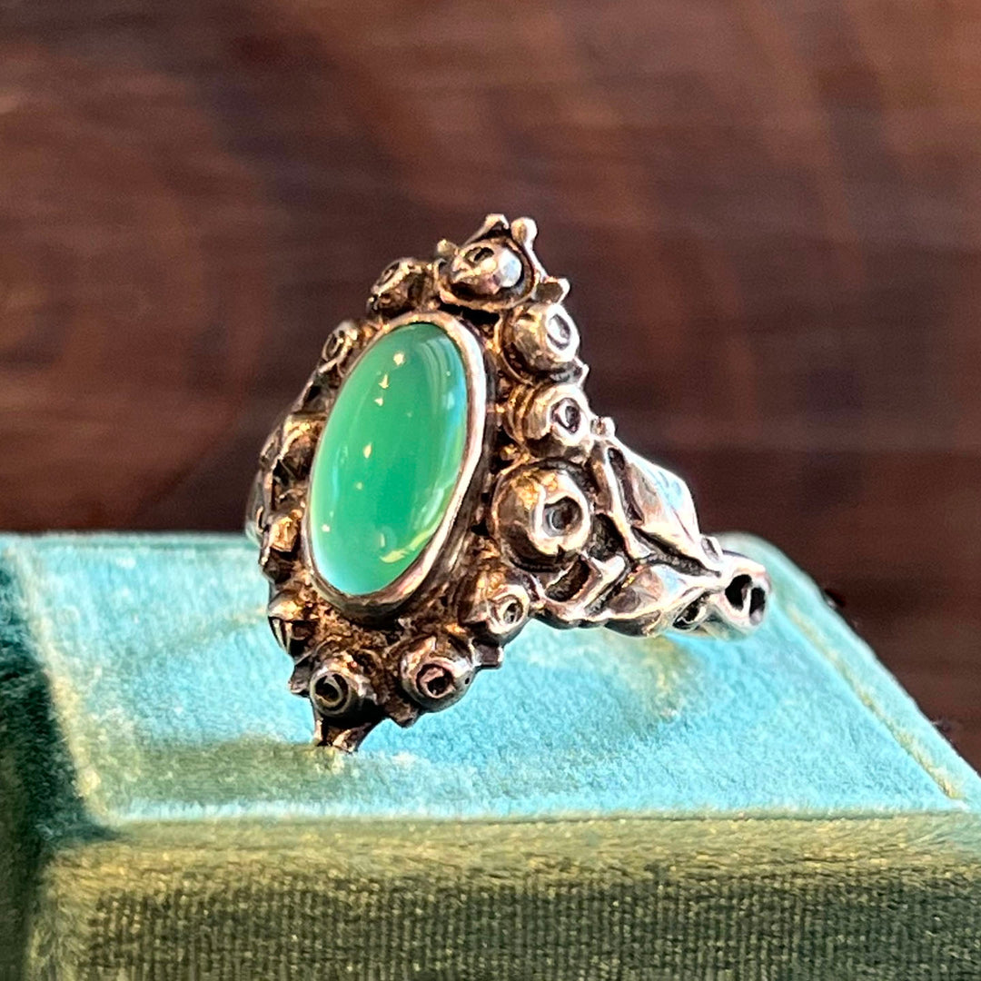 Antique Jugenstil Silver Chalcedony Ring Rose Motif