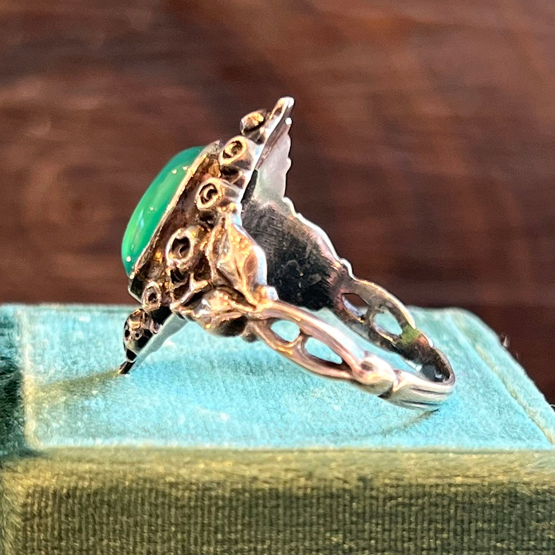 Antique Jugenstil Silver Chalcedony Ring Rose Motif