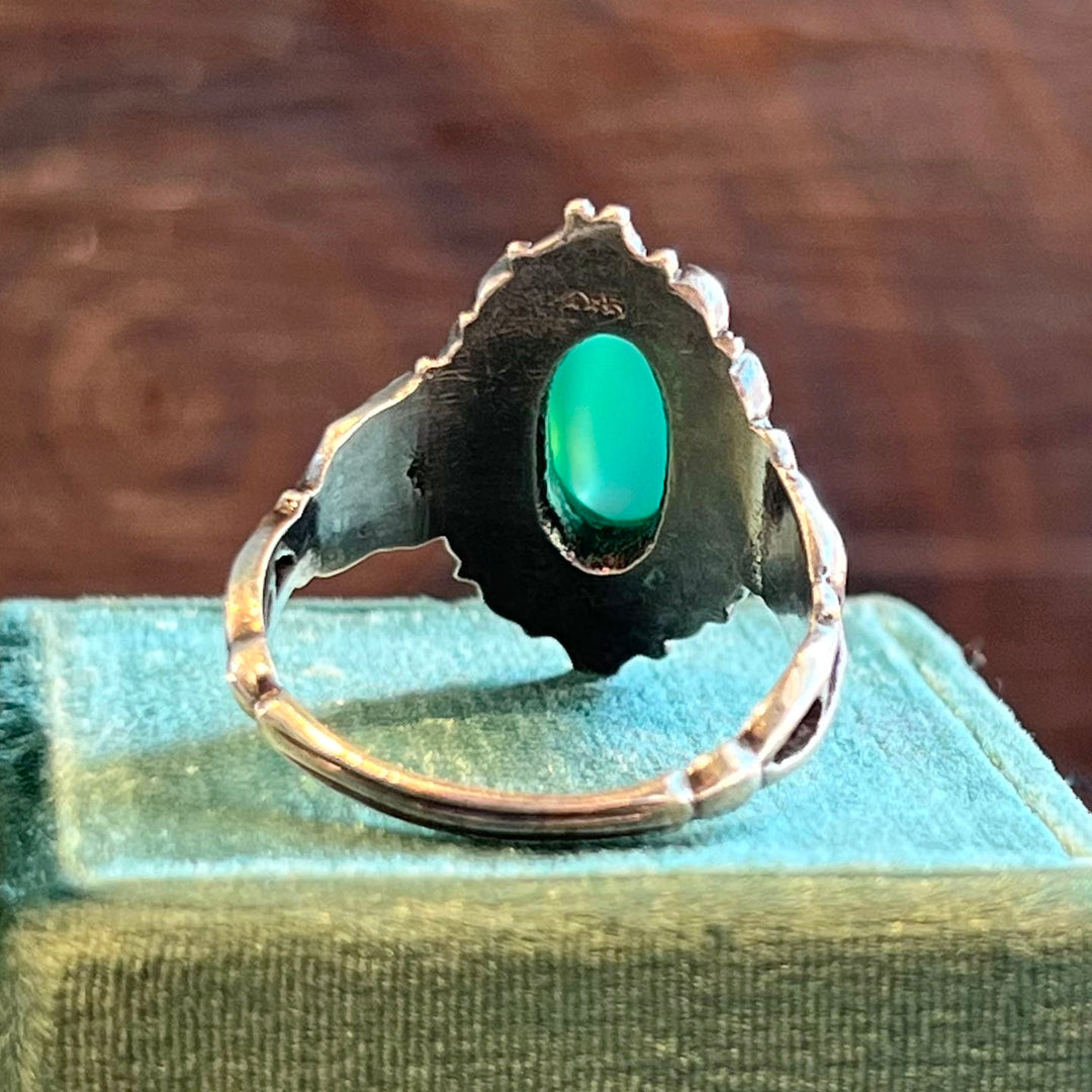 Antique Jugenstil Silver Chalcedony Ring Rose Motif