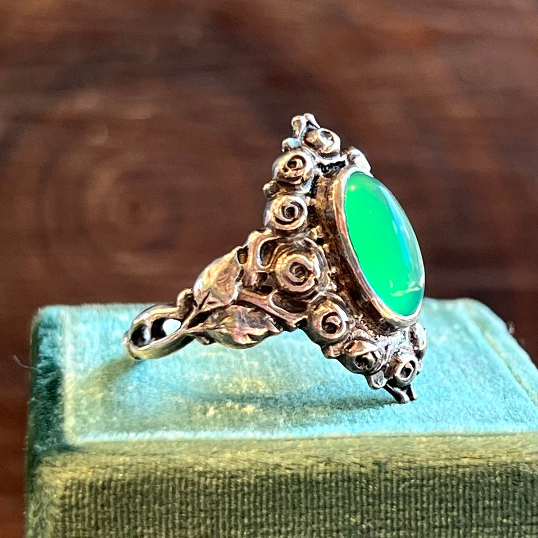 Antique Jugenstil Silver Chalcedony Ring Rose Motif