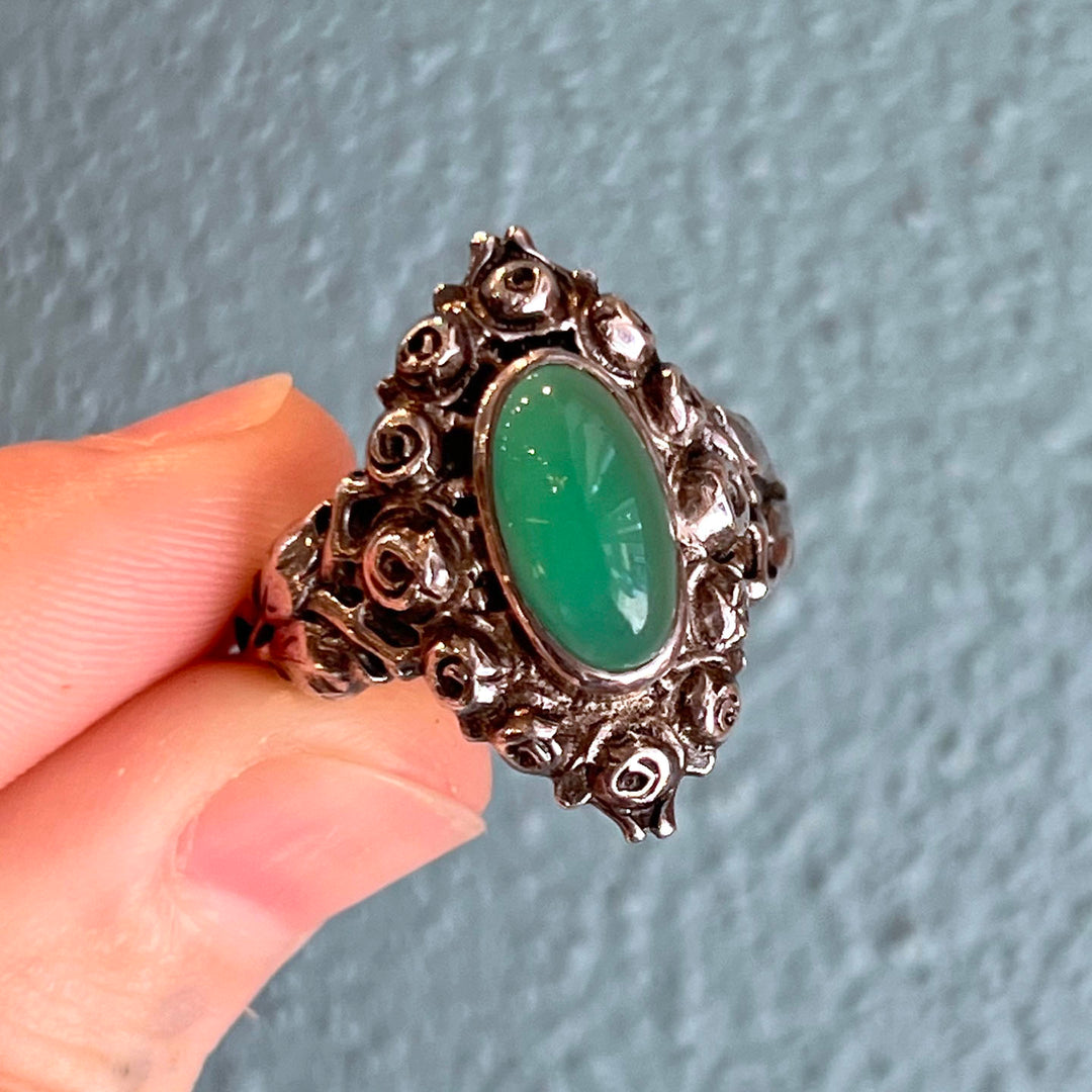 Antique Jugenstil Silver Chalcedony Ring Rose Motif