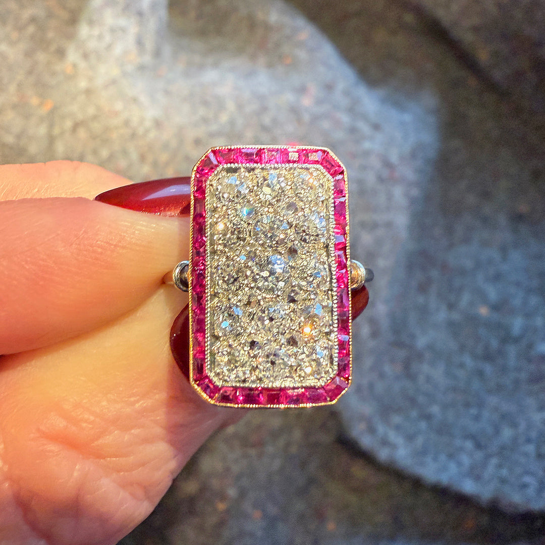 Antique Belle Époque Ruby and Diamond Ring in Gold and Platinum