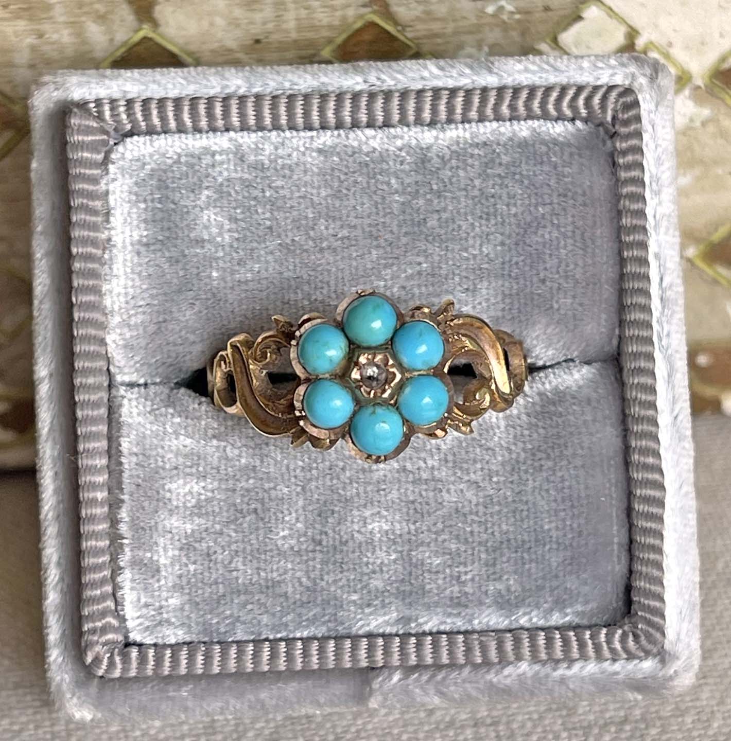 Victorian Turquoise Diamond Forget-me-not Ring Locket Back 15k