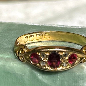 Edwardian 7-Stone Ruby Diamond Ring 18k Gold