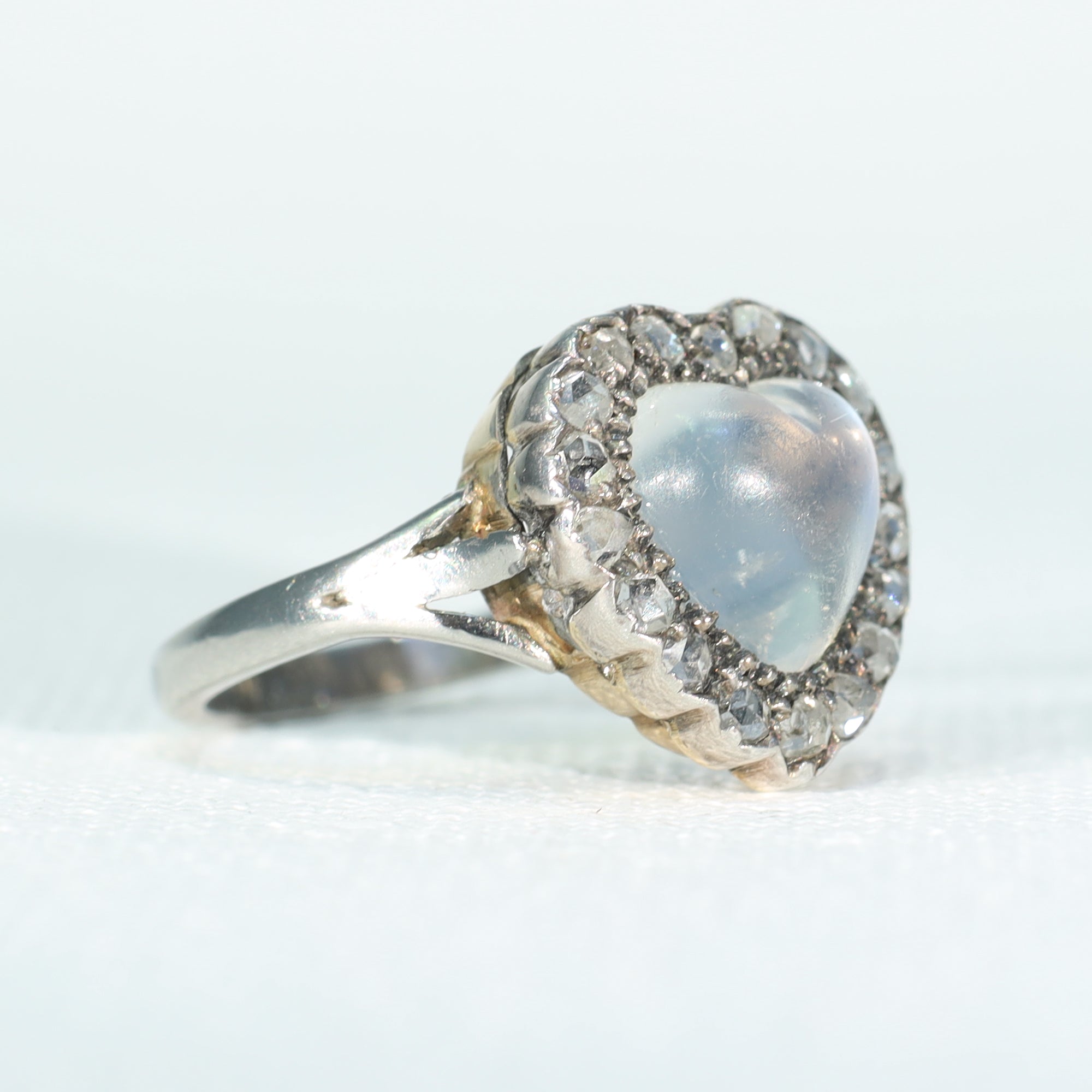 Antique Edwardian Moonstone Diamond Heart Cluster Ring Halo Size 4.75