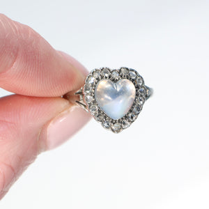 Antique Edwardian Moonstone Diamond Heart Cluster Ring Halo Size 4.75
