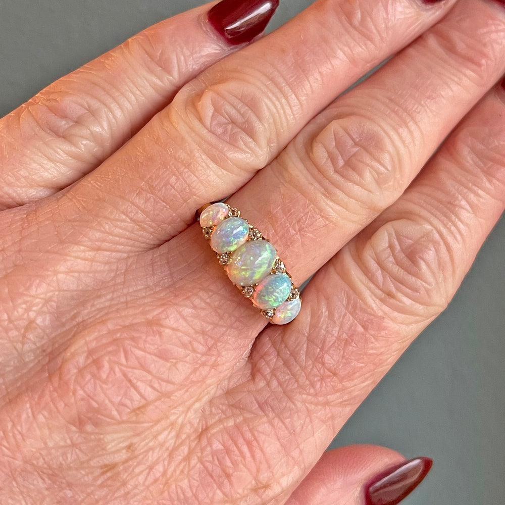 Victorian 18K Gold Five-Stone Opal and Diamond Ring, c. 1900