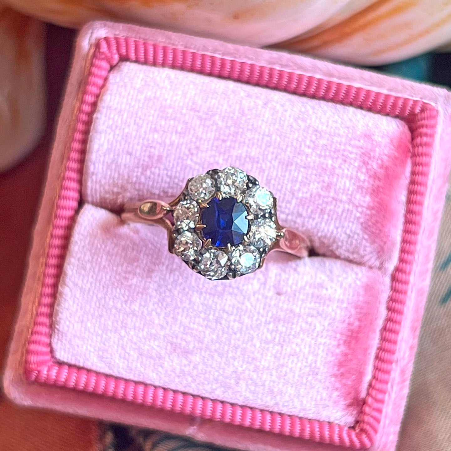 Antique Victorian Sapphire and Diamond Cluster Gold Ring, 1867