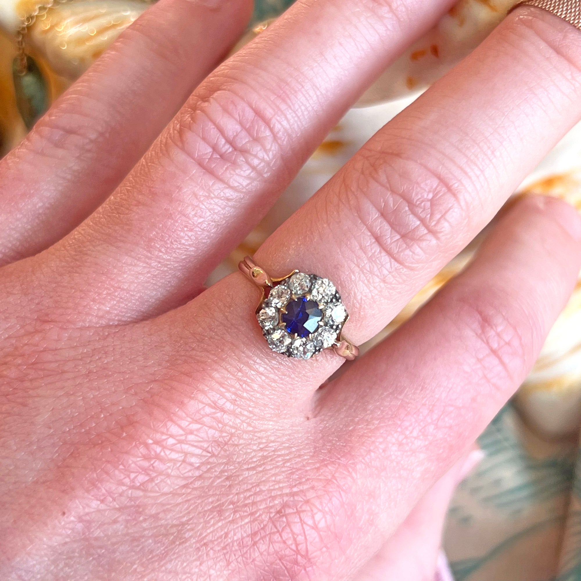 Antique Victorian Sapphire and Diamond Cluster Gold Ring, 1867