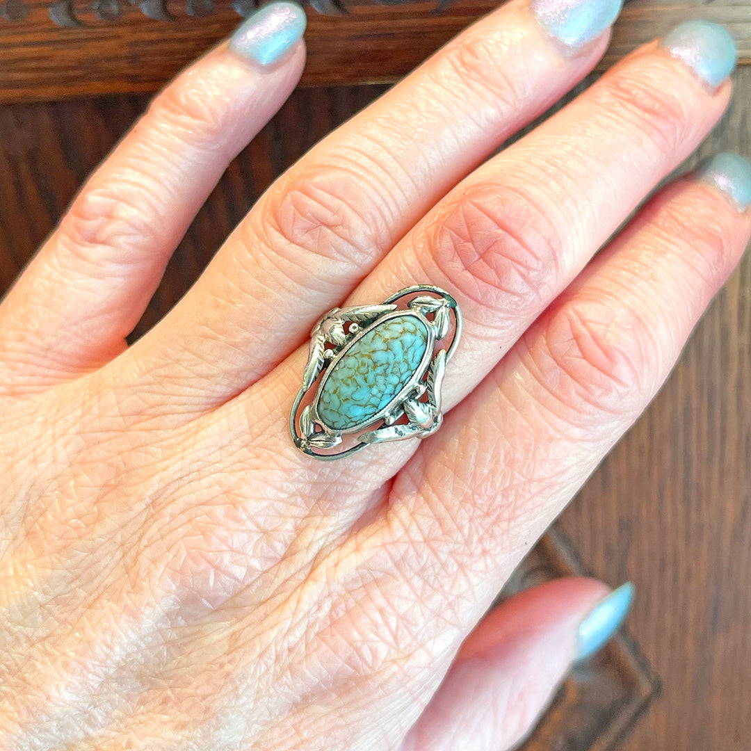 Antique Arts and Crafts Era Satin Glass Silver Ring