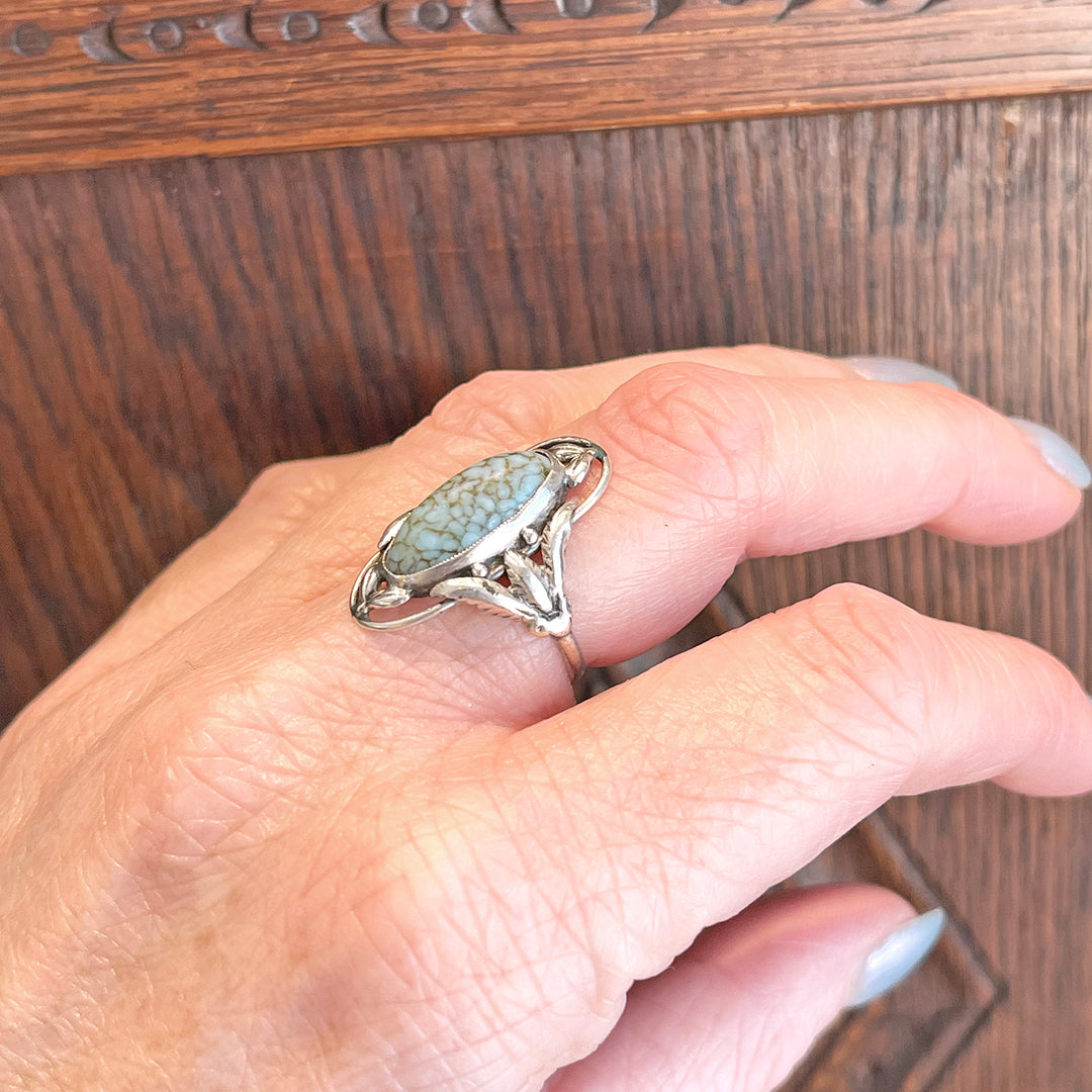 Antique Arts and Crafts Era Satin Glass Silver Ring