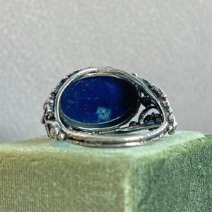 Antique Silver Pierced Oval Cabochon Lapis Ring 