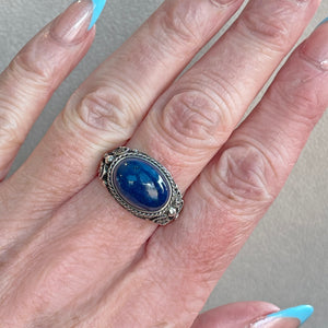 Antique Silver Pierced Oval Cabochon Lapis Ring 