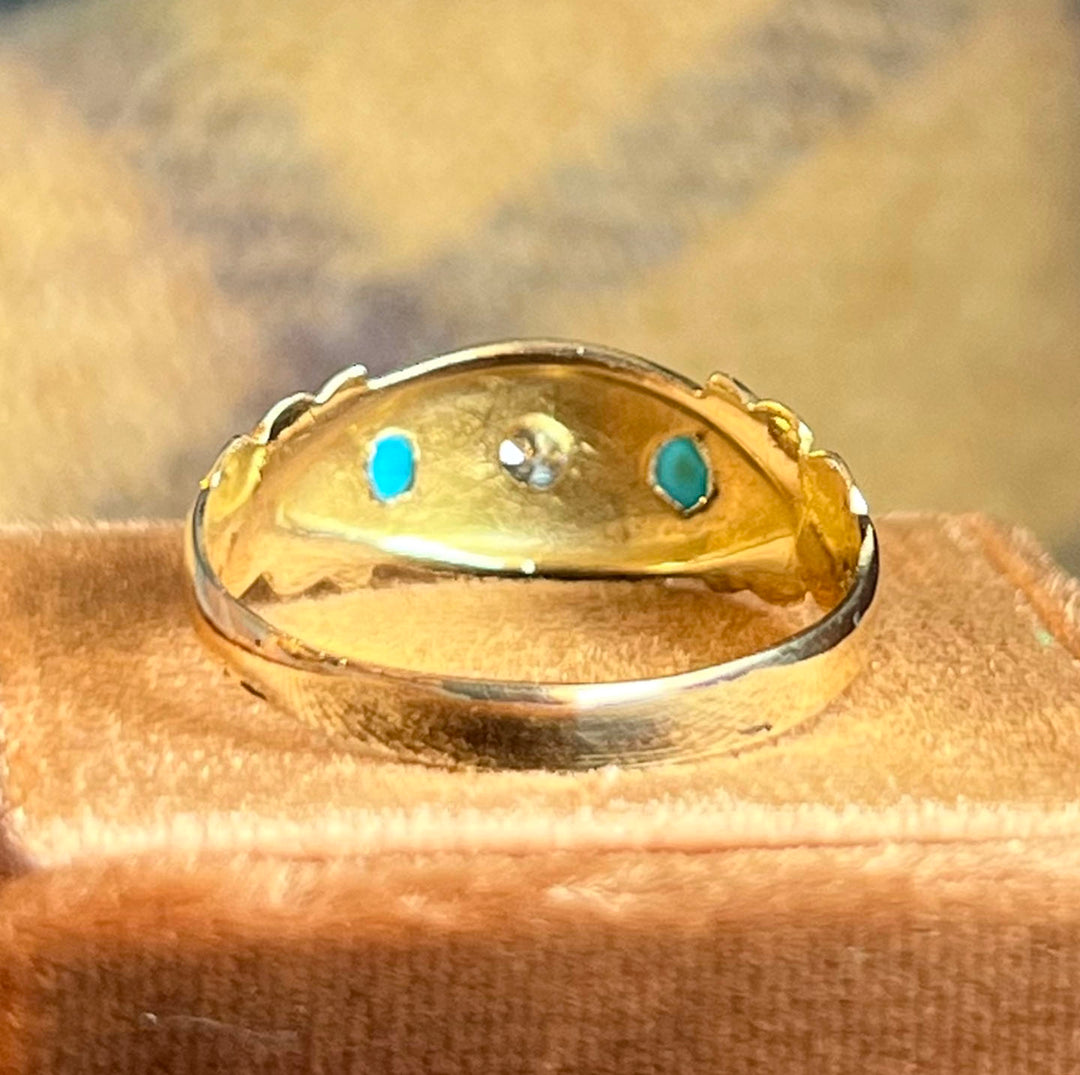 Antique Edwardian Ring Gold Star Set Turquoise & Diamond, Birmingham 1907