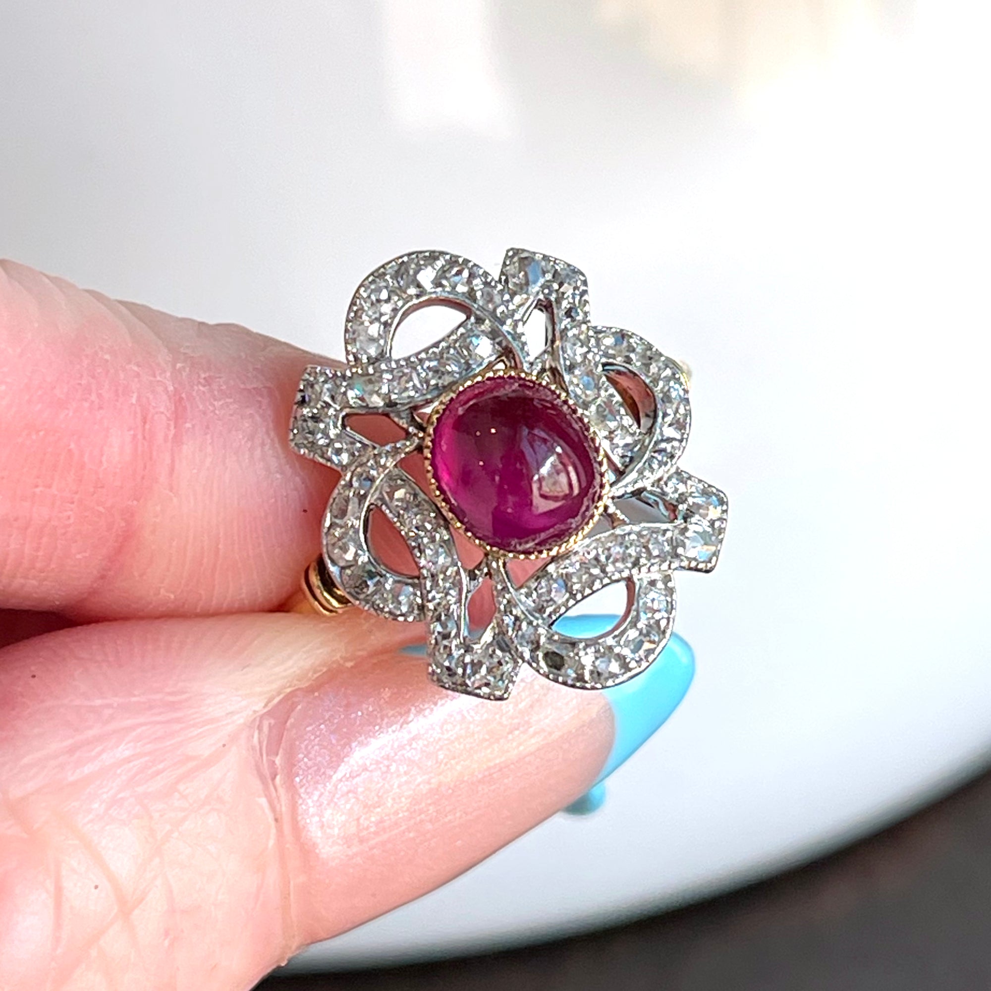 Antique Cabochon Ruby Diamond Ring 18k Gold Platinum c. 1900